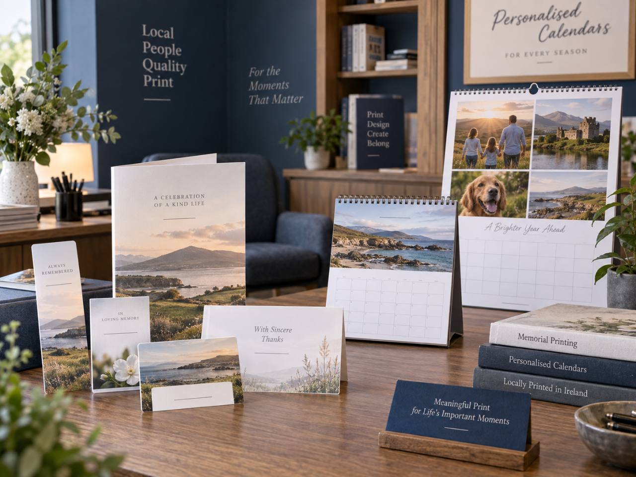 Memorial cards and personalised photo calendars displayed in a print studio