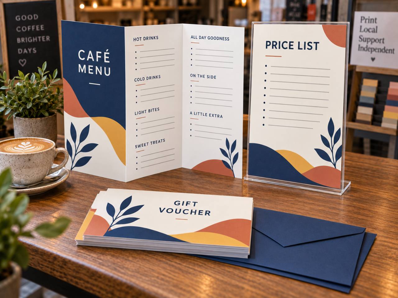 Printed cafe menus, price list and branded gift vouchers
