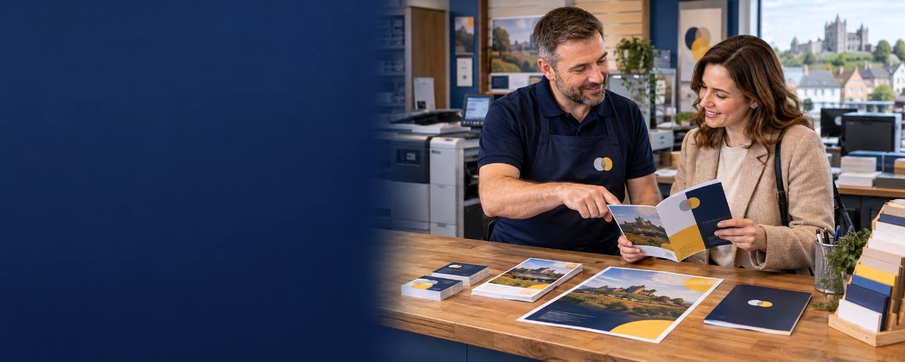 Customer reviewing printed samples with a member of the Time for Designs team