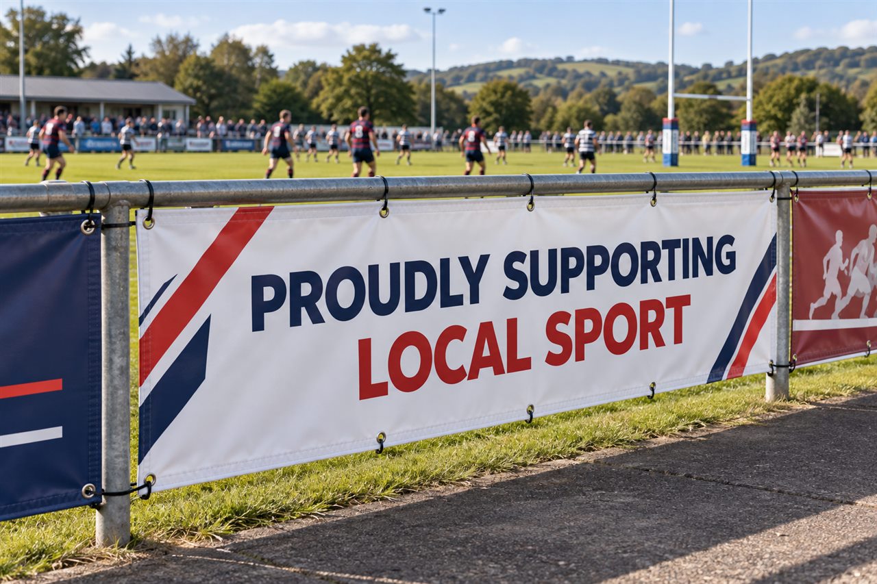 Illustrative eyeleted sponsor banner displayed beside a sports pitch