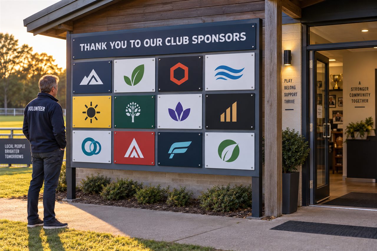 Illustrative coordinated sponsor-board display outside a clubhouse