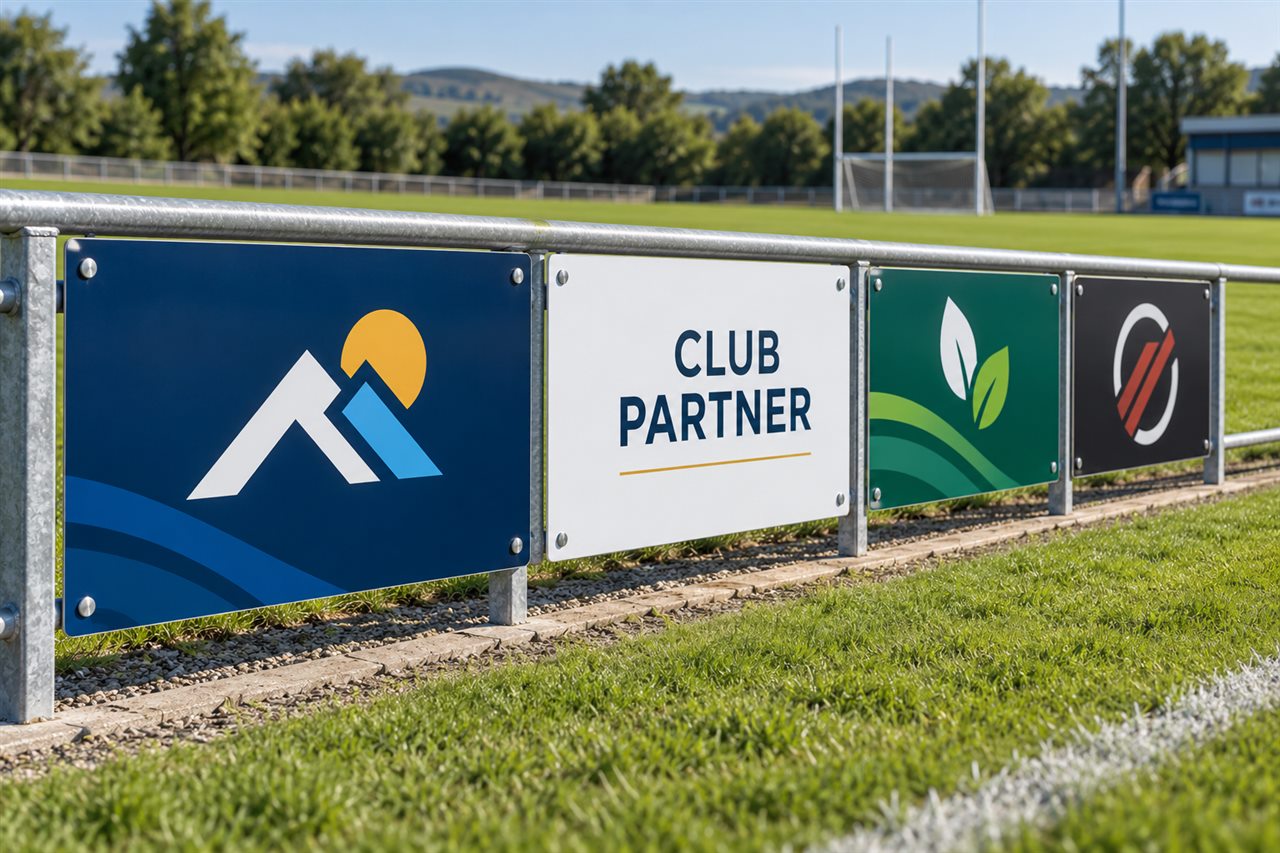 Illustrative rigid composite sponsor boards beside a sports pitch