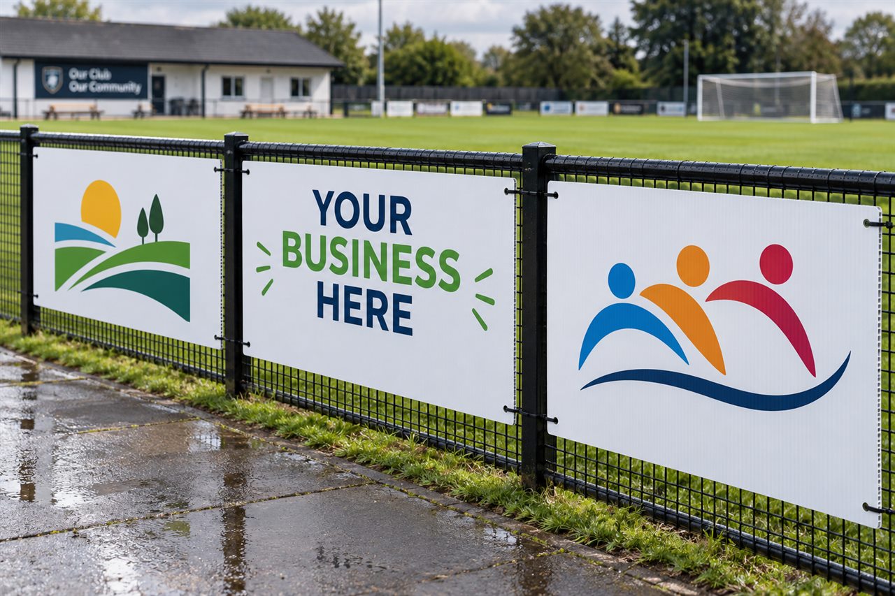 Illustrative Corriboard signs attached to a sports-ground fence