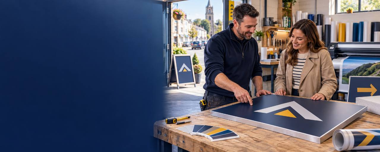 Customer reviewing a custom sign design in a signage workshop
