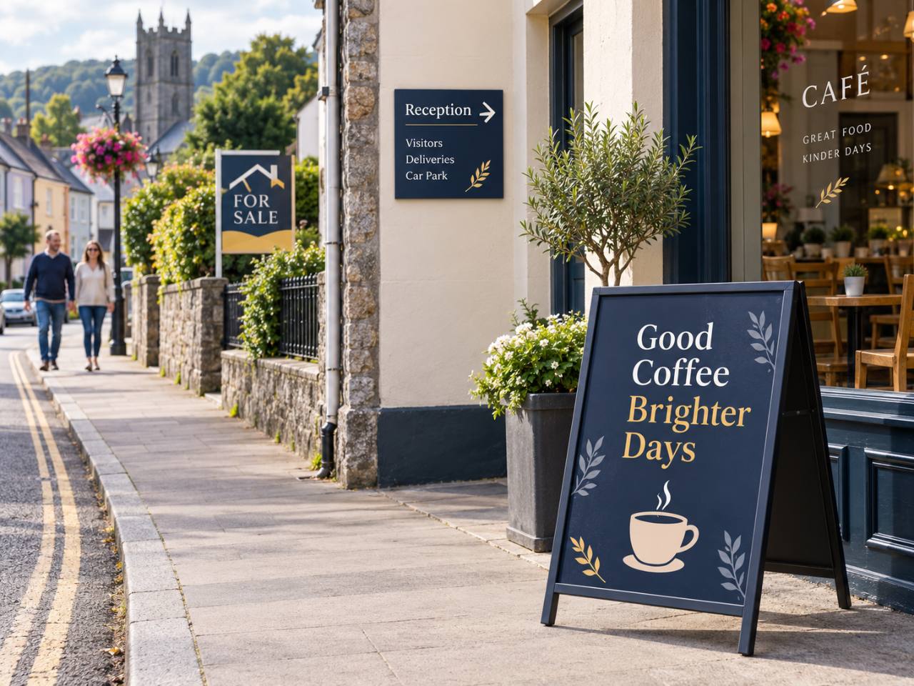 Pavement, property and directional signs outside local businesses