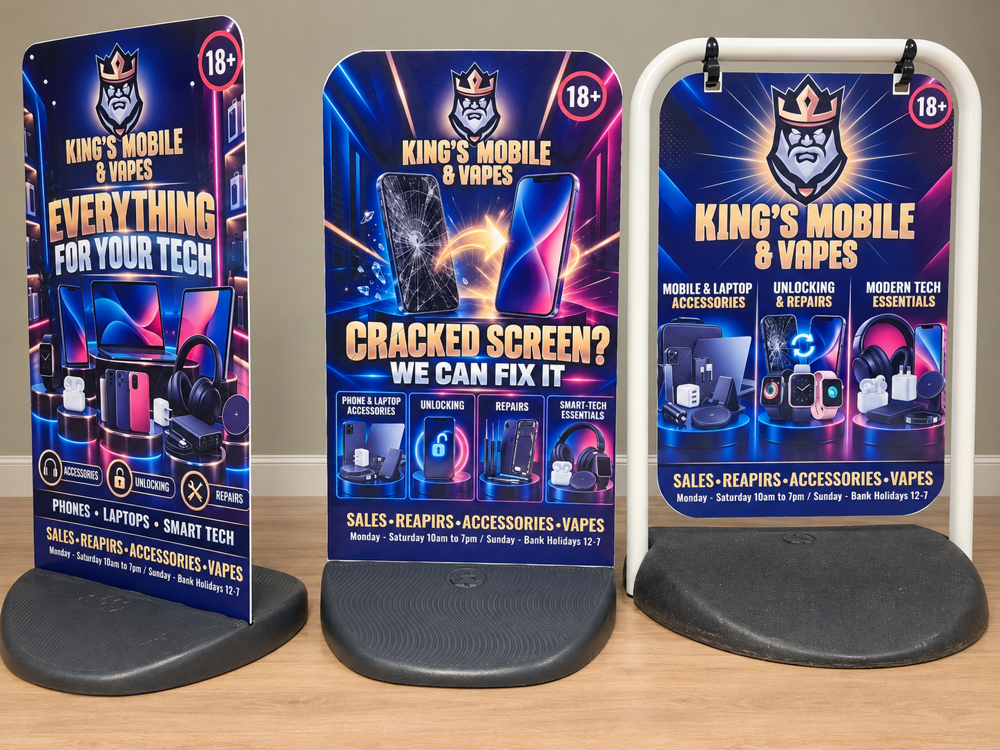 Three custom printed pavement signs produced by Time for Designs for a retail customer