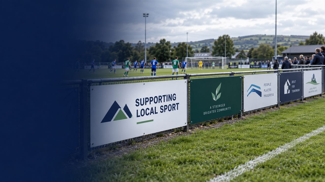 Illustrative pitch-side sponsor signs at a community sports ground