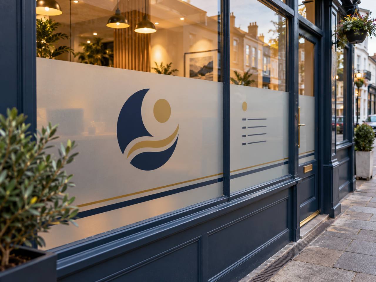 Branded frosted window graphics on a business premises