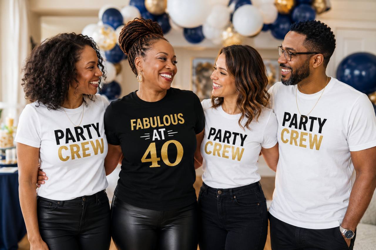 Birthday group wearing matching personalised party crew T-shirts