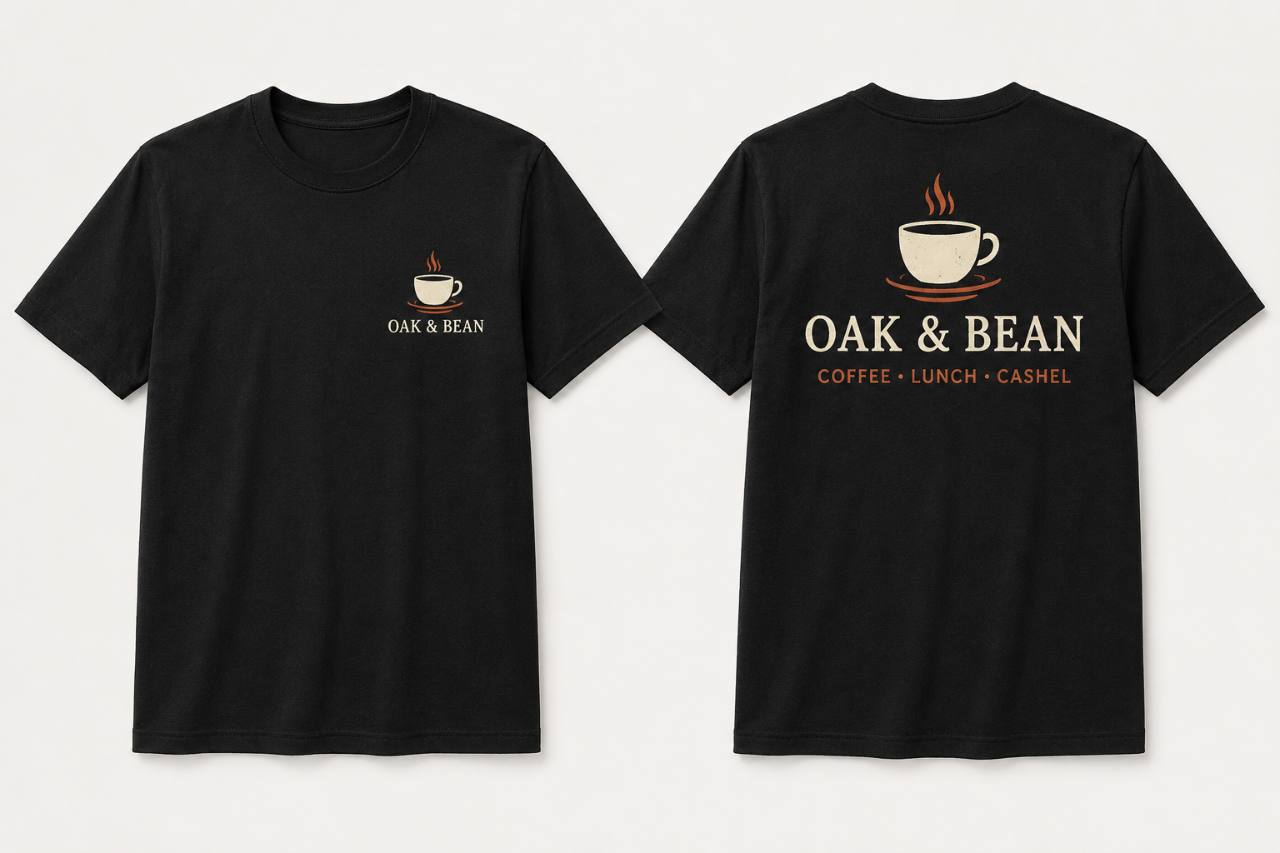Black business T-shirts with a logo printed on the front and back