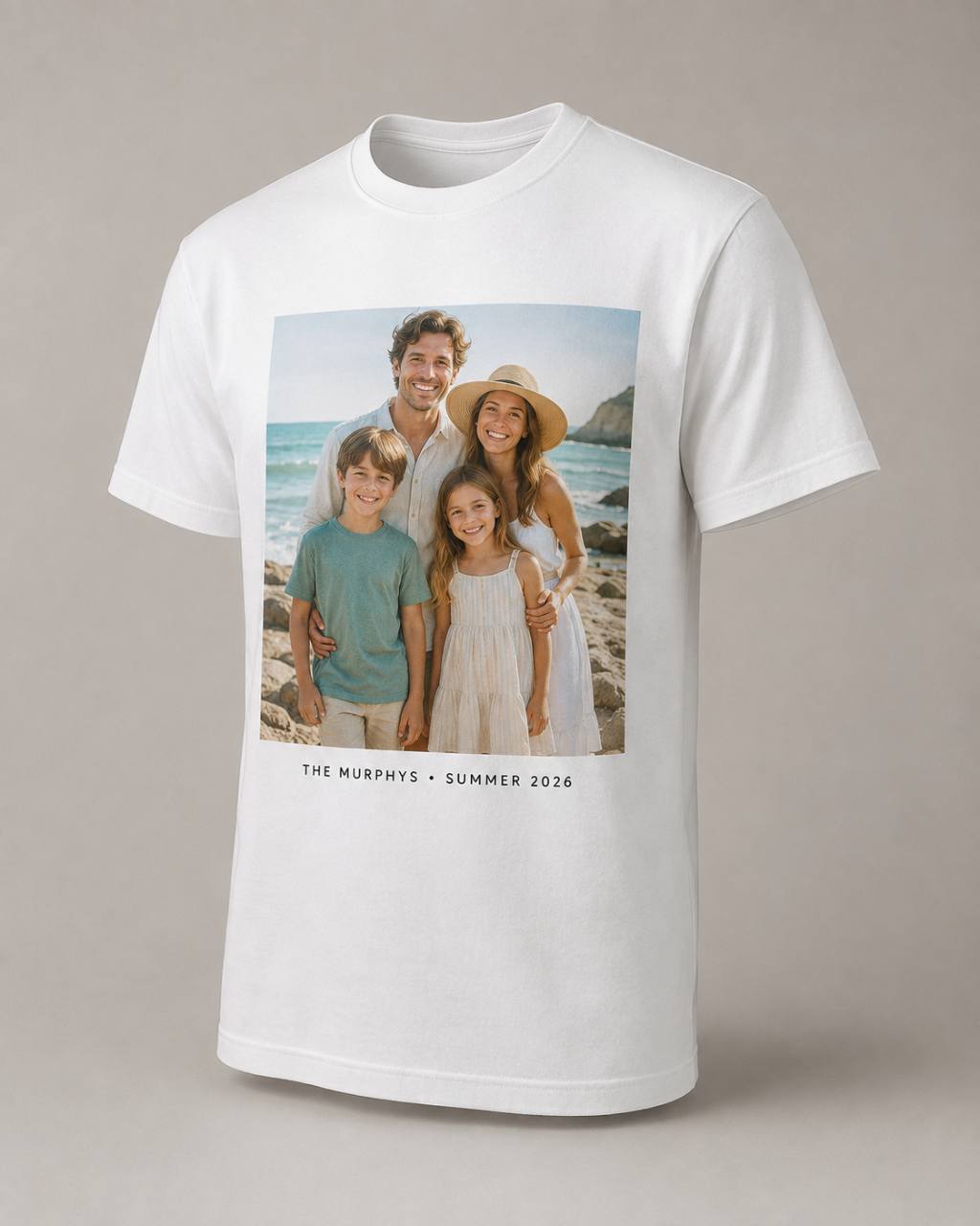 White personalised T-shirt printed with a family photograph and date