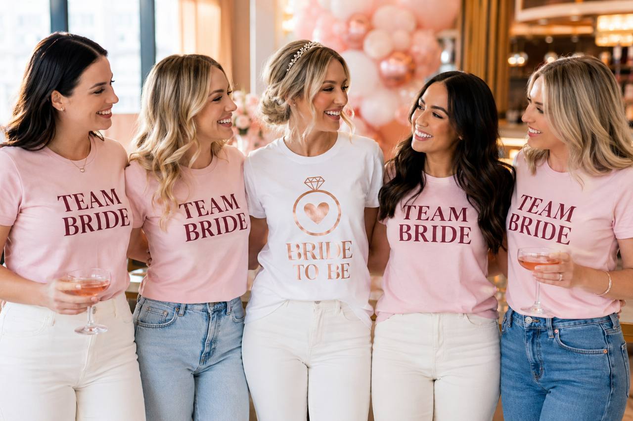 Hen party group wearing personalised Team Bride and Bride to Be T-shirts