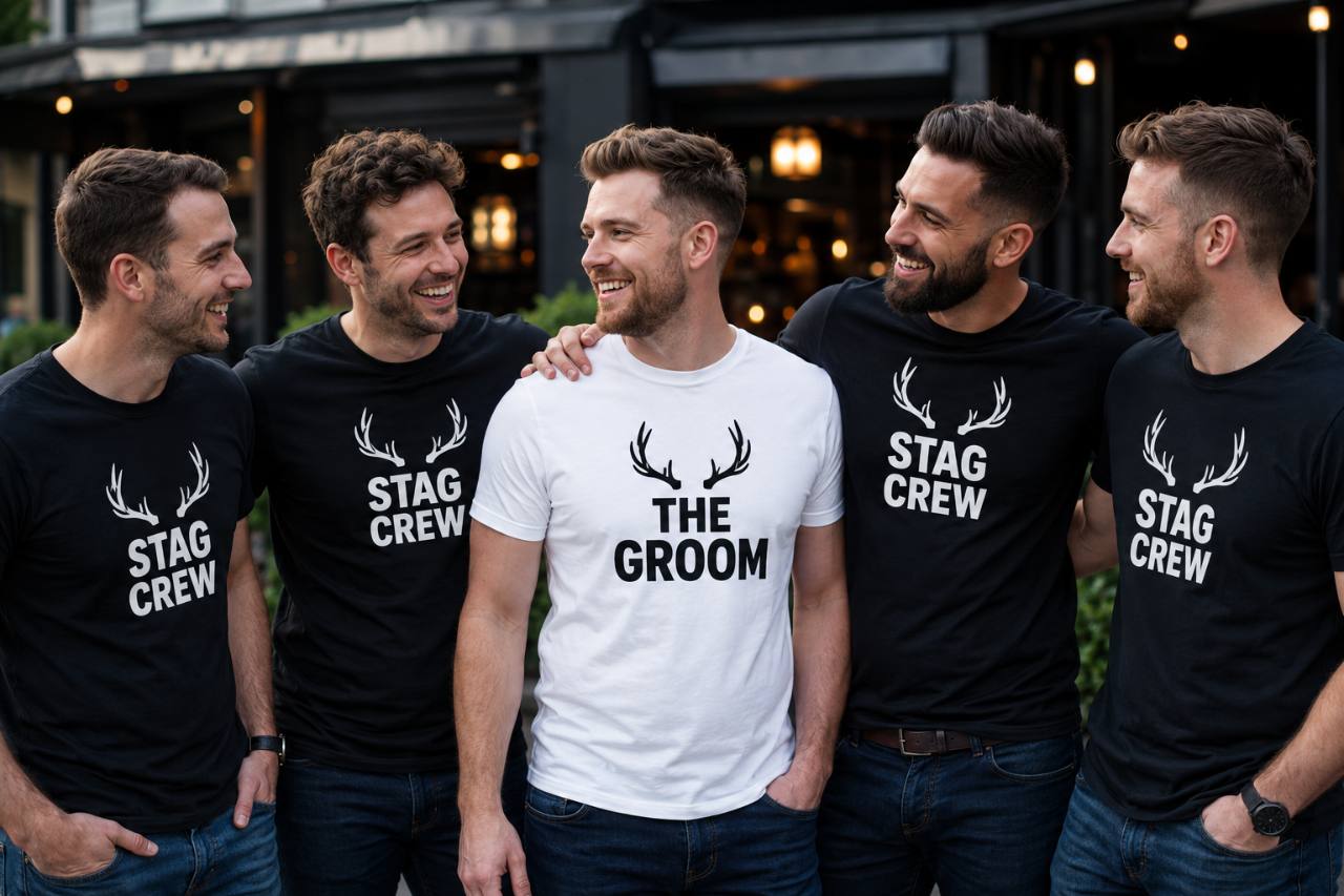 Stag party group wearing personalised Stag Crew and The Groom T-shirts