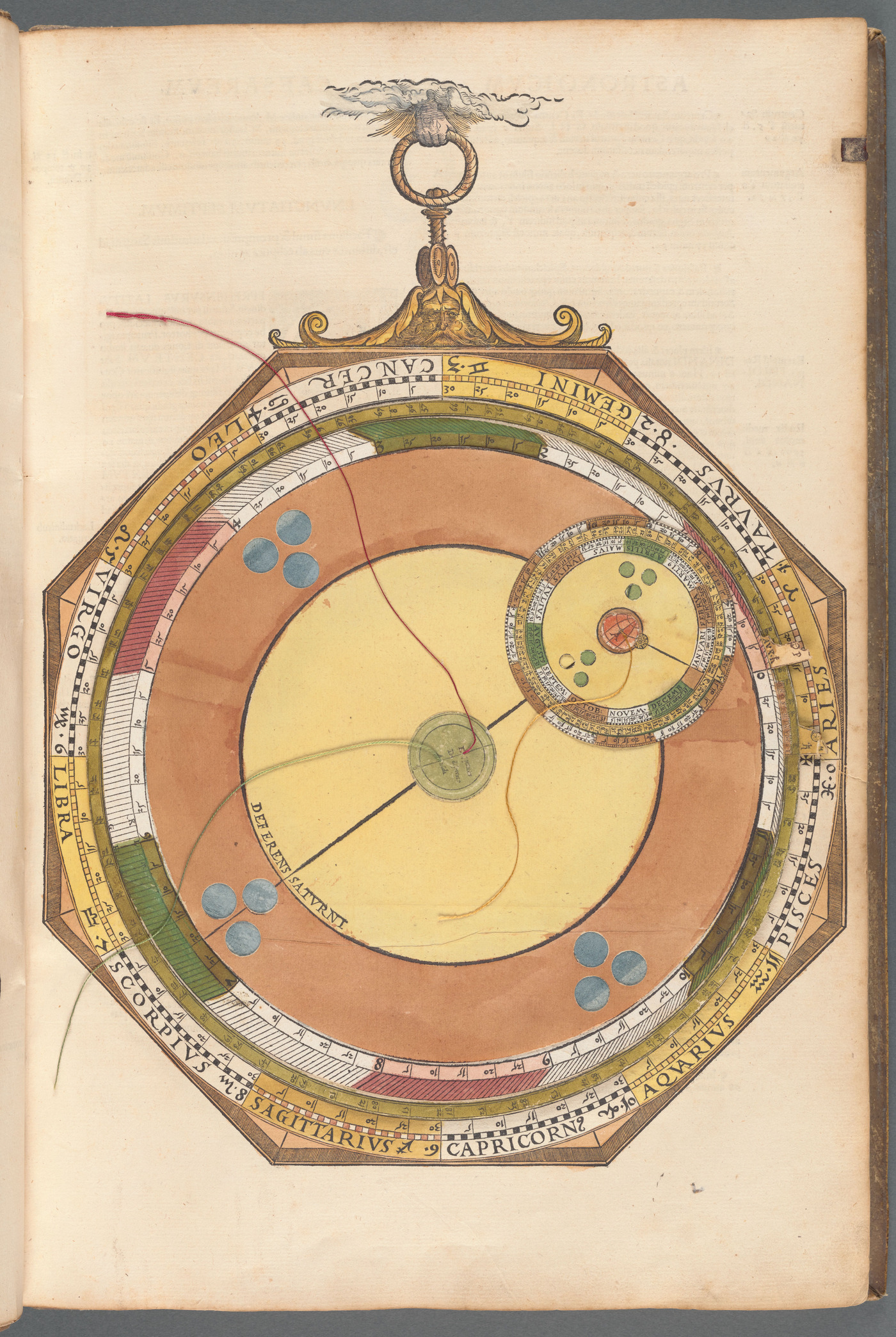 Full page from Peter Apian’s astronomy book, with nested coloured paper circles, printed scales and threads.