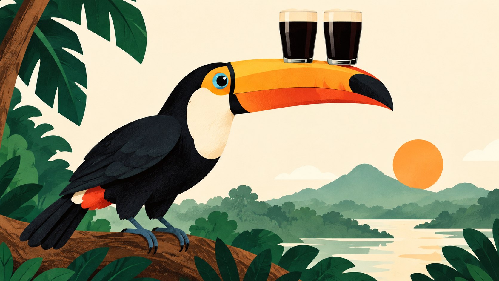 Original illustration of a toucan balancing two glasses of stout on its beak.