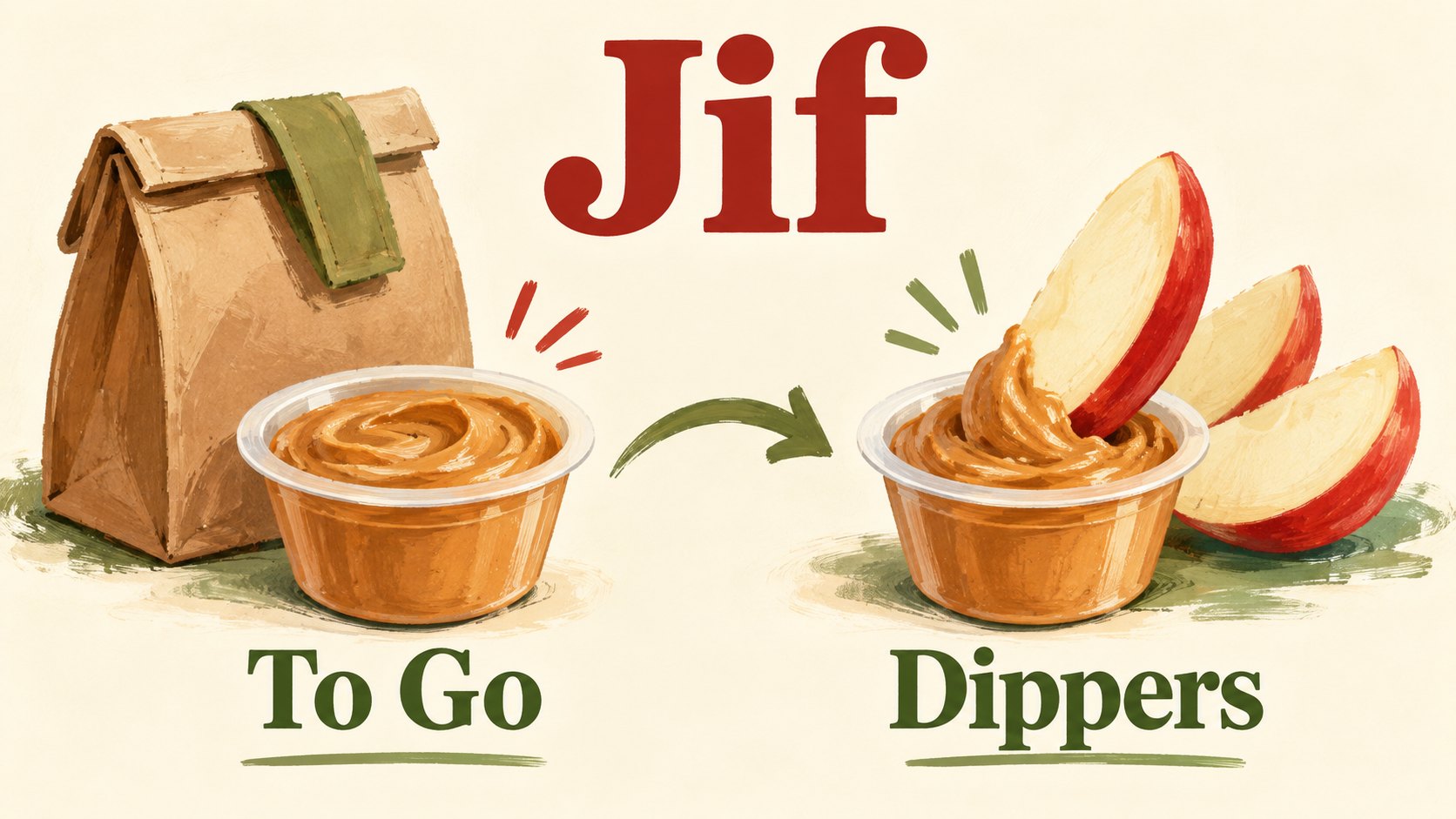 Schematic peanut butter cups beside a lunch bag and apple slices, comparing To Go with Dippers.