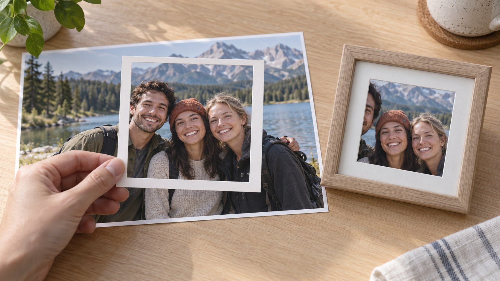 A crop window keeps three friends visible while a framed crop cuts off one face.