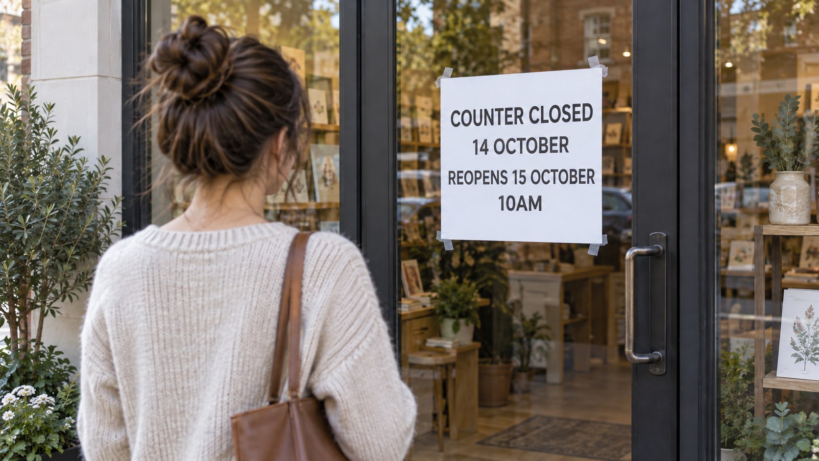 A customer reads a fictional counter notice stating the closure date and reopening time.