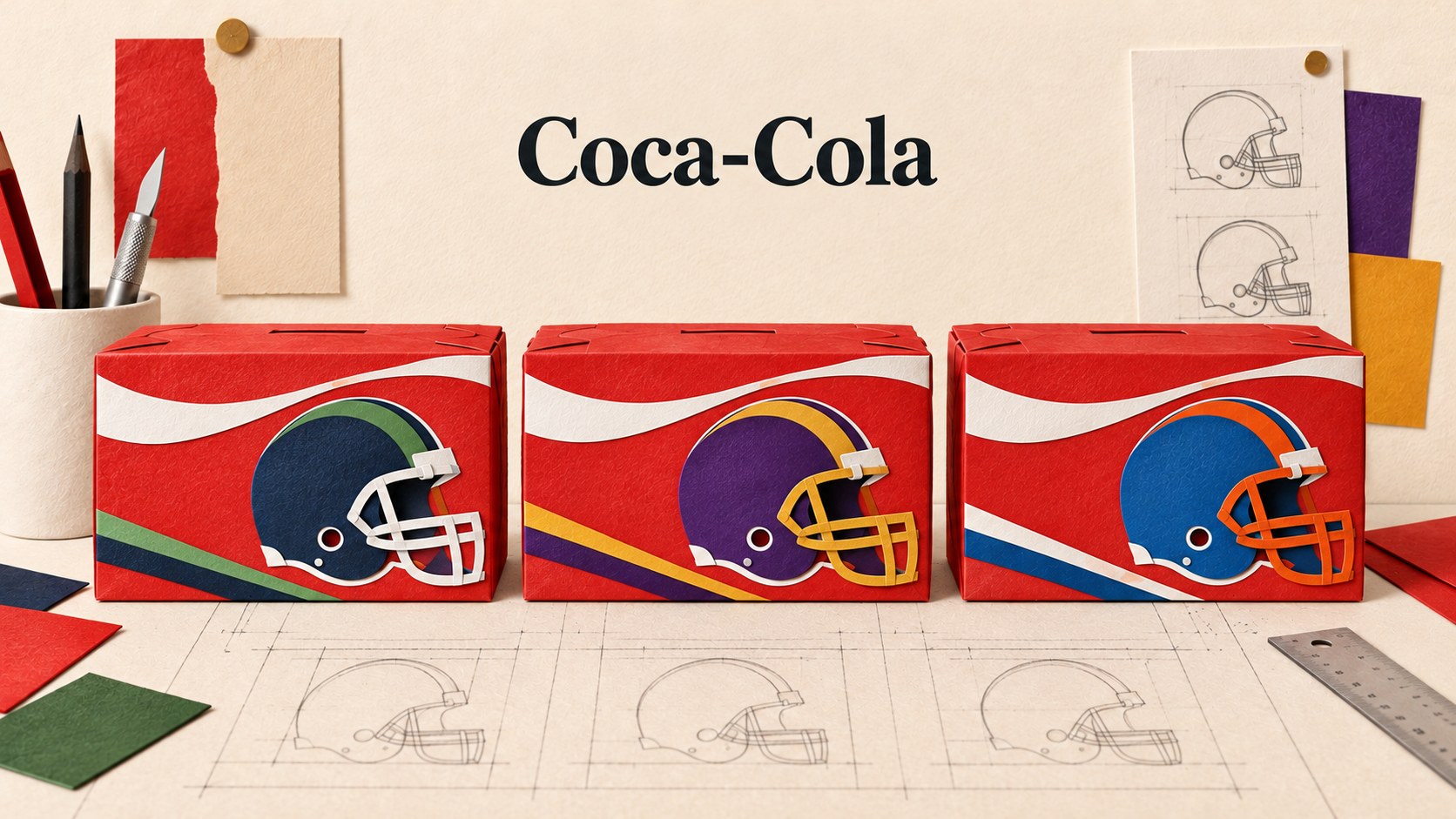 Conceptual red multipack boxes with different generic American football helmets.