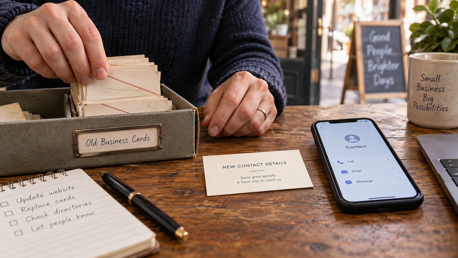 Illustrative scene of hands sorting old business cards beside a new contact-details card and a smartphone contact page.