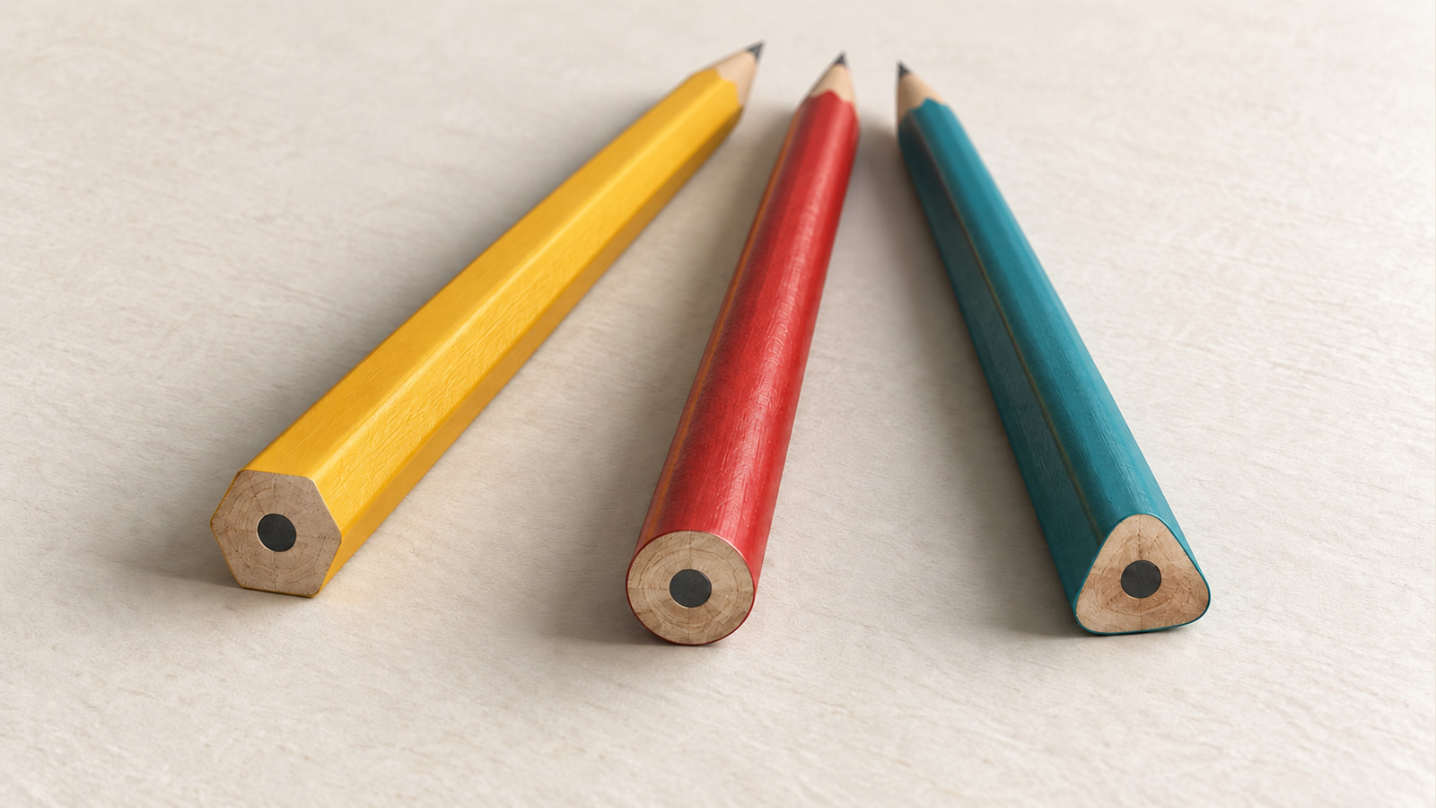 Three illustrated wood-cased graphite pencils with hexagonal yellow, round red and rounded-triangular teal barrels and exposed end grain.