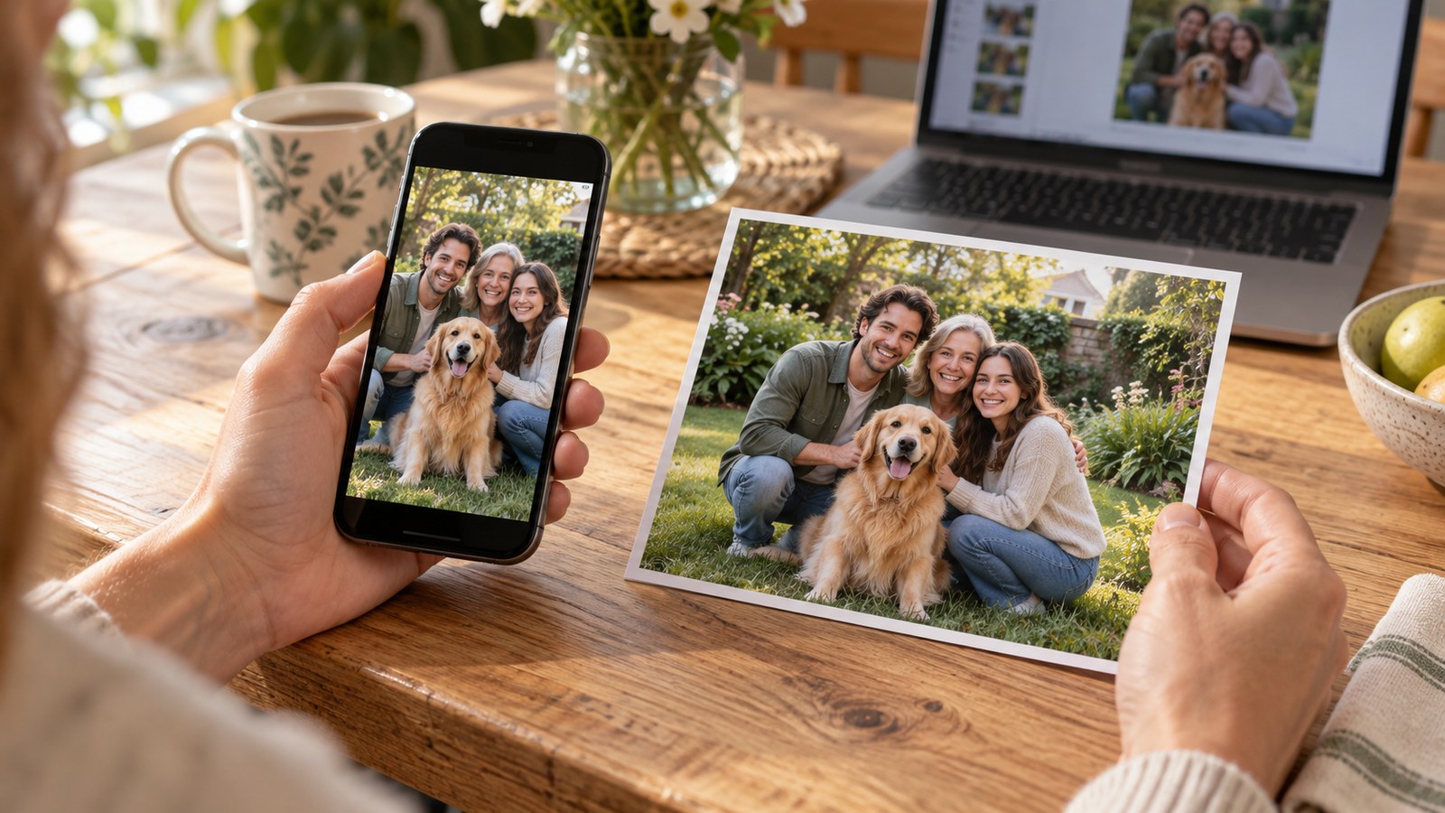 Illustrative scene of a person holding a phone and a larger print showing the same fictional family photograph with a dog.