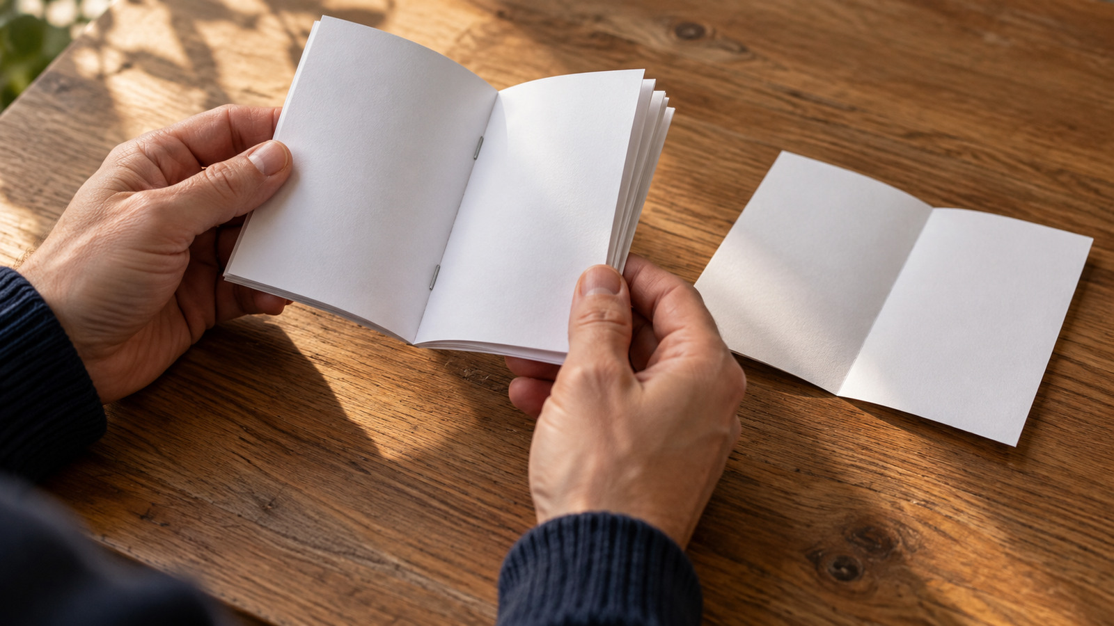 Illustrative scene of hands opening a blank stapled booklet beside a separate folded sheet on a wooden desk.