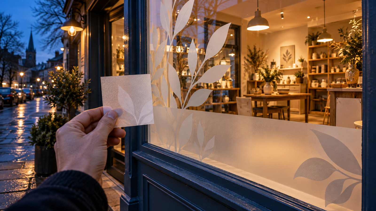 Illustrative shop window at twilight with warm interior lights, frosted leaf graphics and a hand holding a film swatch.