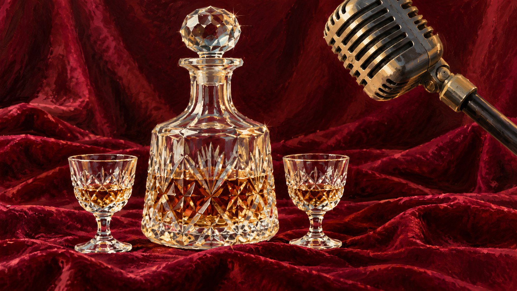 Editorial illustration of a cut-glass decanter and two glasses beside a microphone on burgundy velvet.