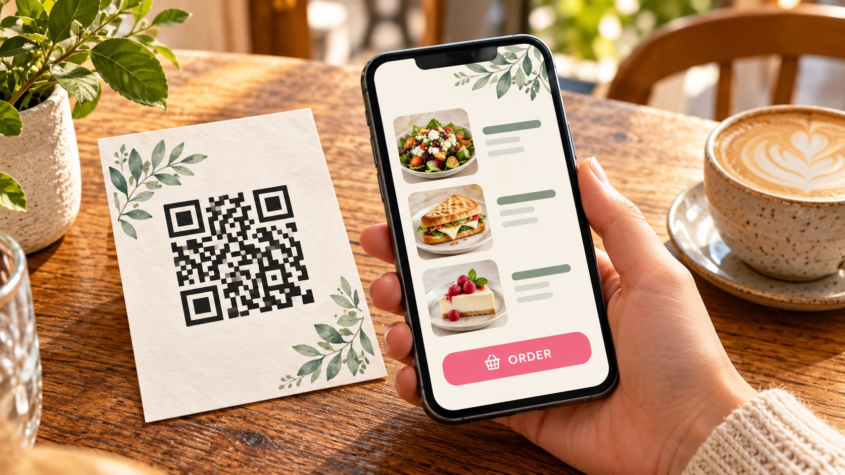 Illustrative cafe table with a printed QR-style code beside a phone showing a menu and order button.