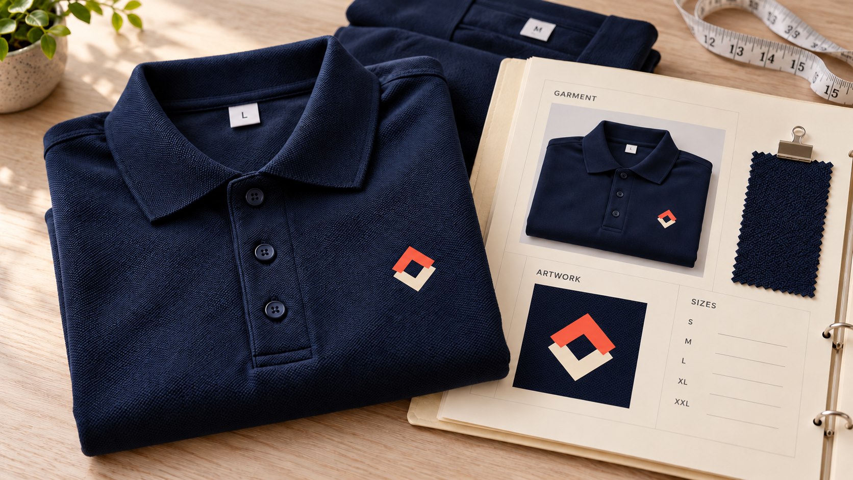 Illustrative navy polo shirt beside an order folder showing the matching garment, emblem and size record.