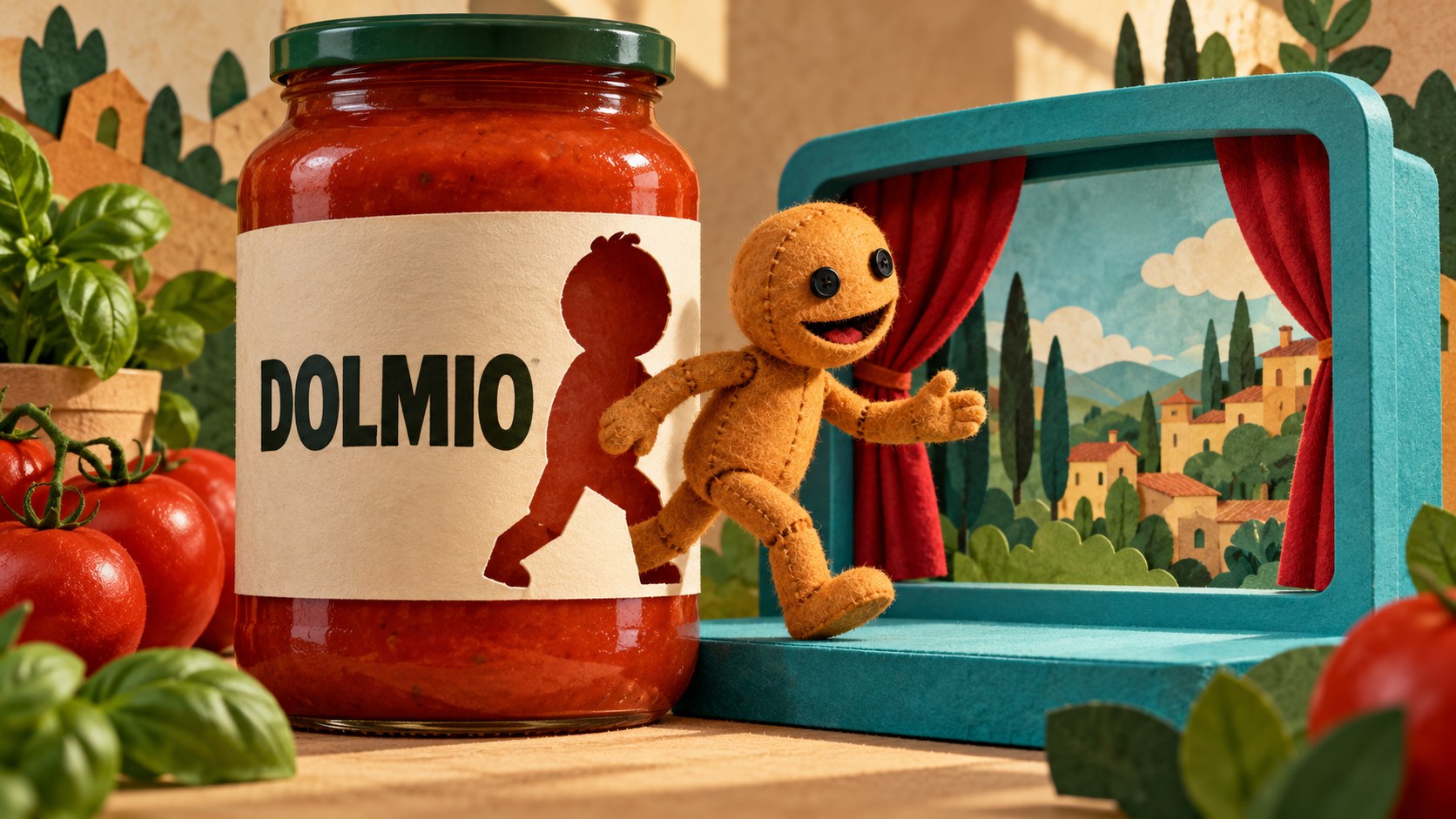 Concept illustration of a felt puppet stepping from a sauce-jar label marked Dolmio into a screen-shaped theatre.