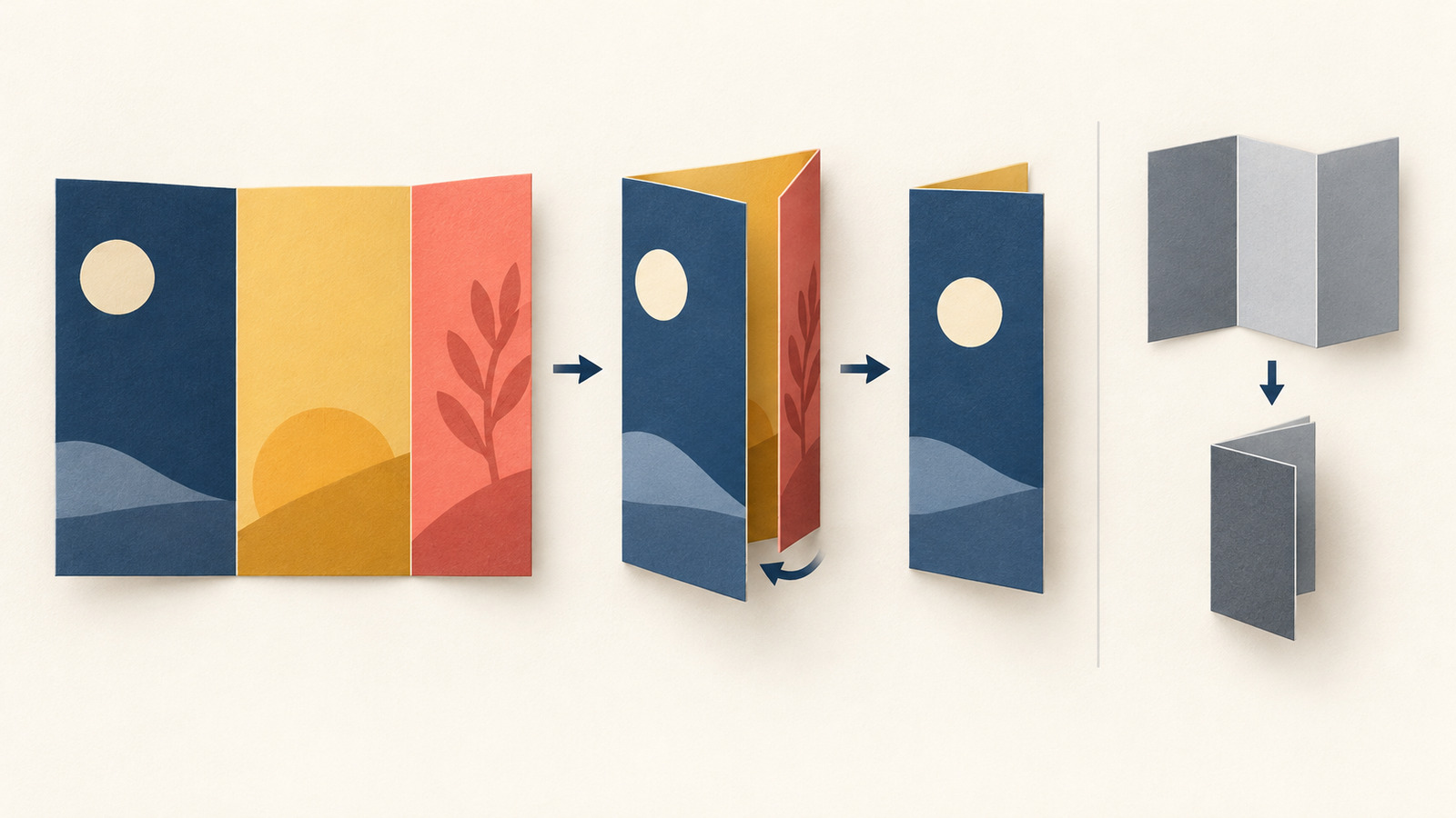 A three-panel roll-fold leaflet with a slightly narrower inner panel shown flat and folding inside, beside an equal-panel Z-fold silhouette.