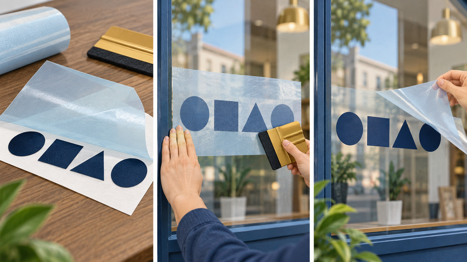 Three stages showing a temporary translucent carrier lifting cut vinyl shapes from a backing, positioning them on glass and peeling away.