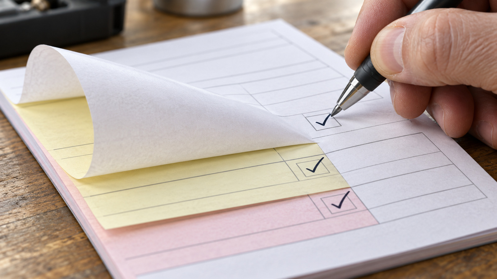 Illustrative three-part white, yellow and pink form with corresponding checkmarks and a pen touching the top sheet.