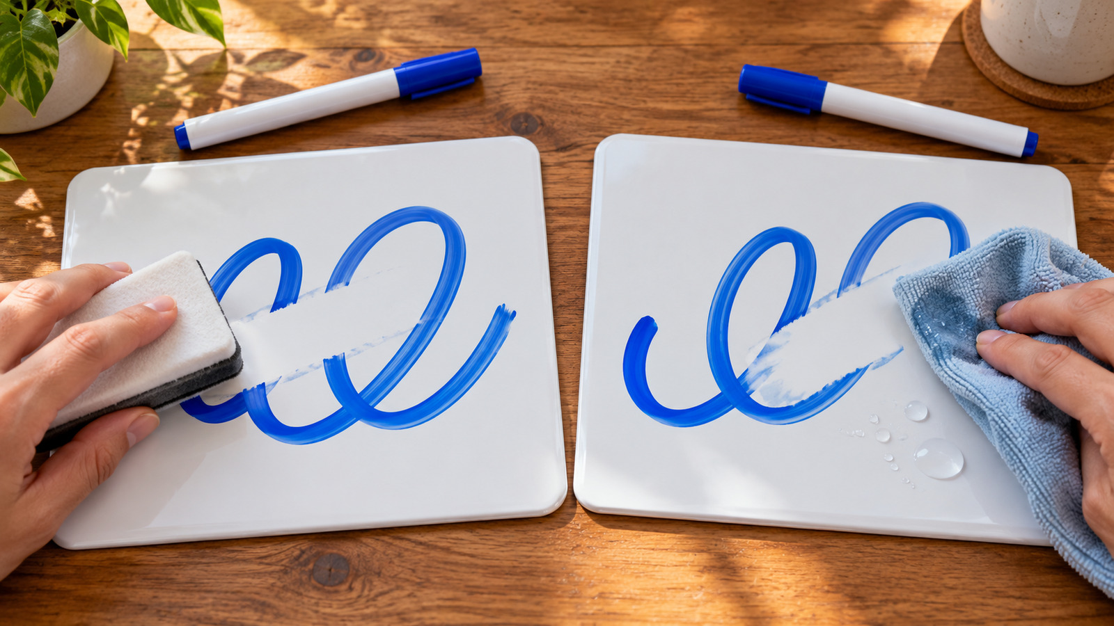 Illustrative comparison of two writing panels being cleared with a dry eraser and a damp cloth.