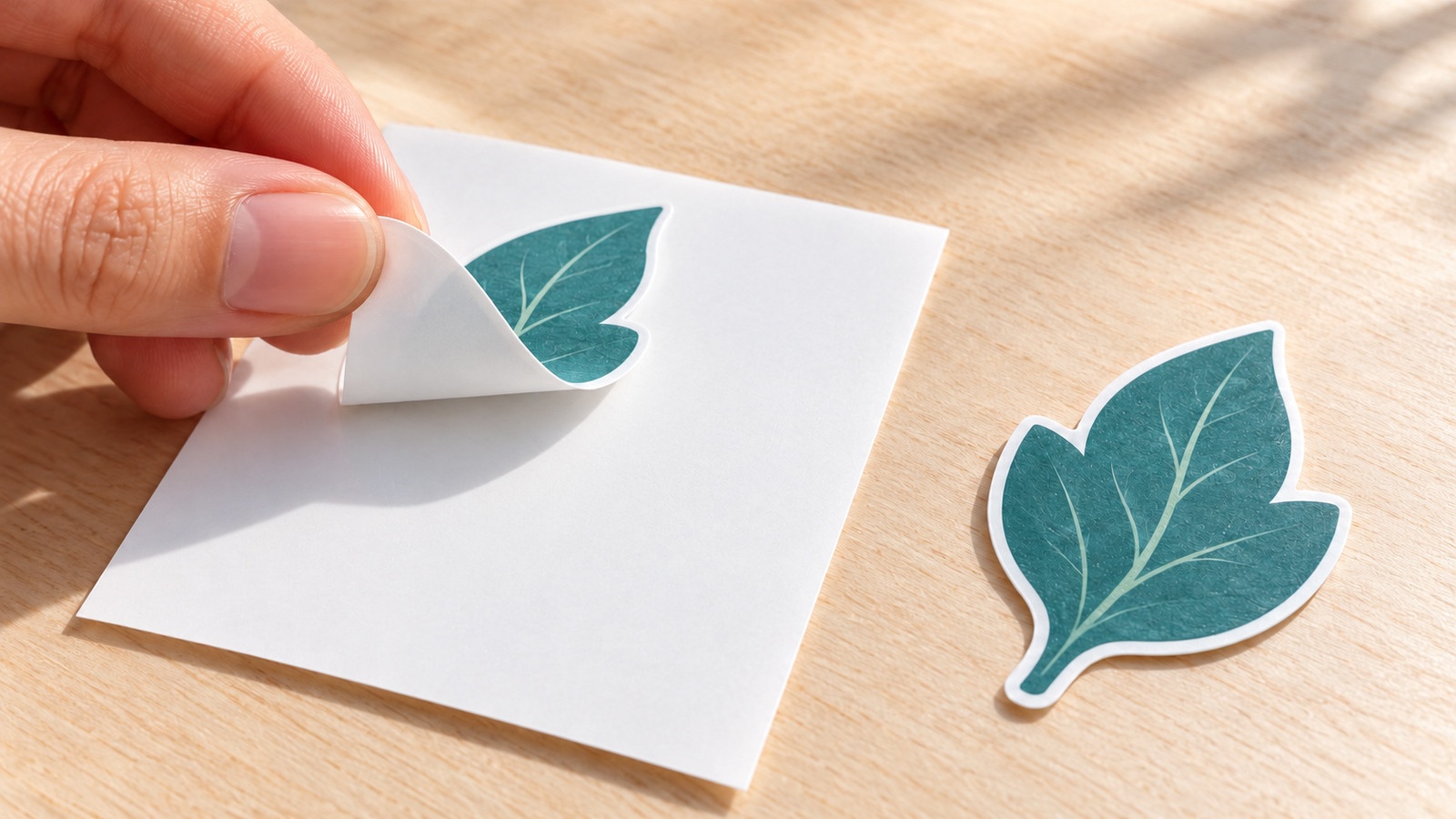 Illustration of a teal leaf sticker peeling from an intact rectangular liner beside a leaf-shaped sticker and backing.