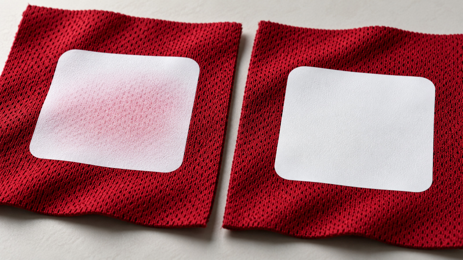 Illustration of red jersey fabric with two light applied squares, one pink-tinted and one white.