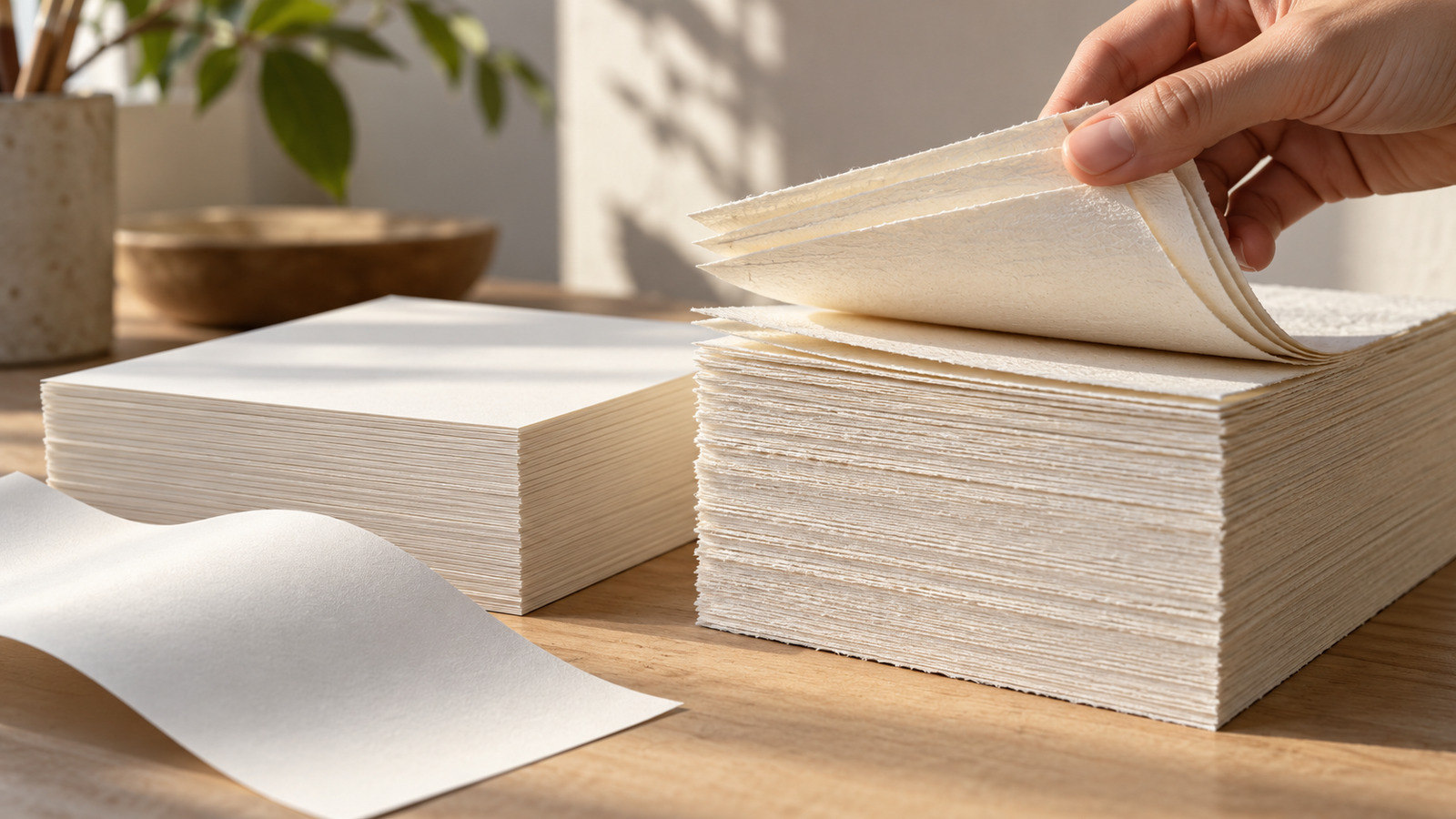 Illustration of two paper stacks with different sheet thicknesses, with a hand fanning the edge of one stack.
