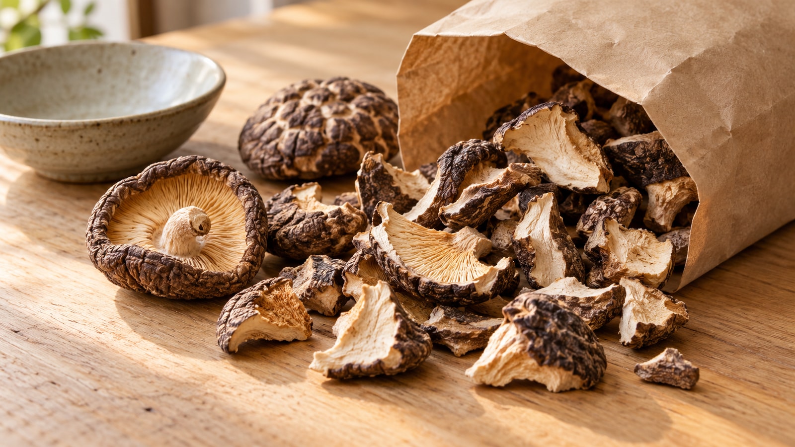 Whole and irregular pieces of dried mushrooms beside a plain paper bag in an illustrative still life.