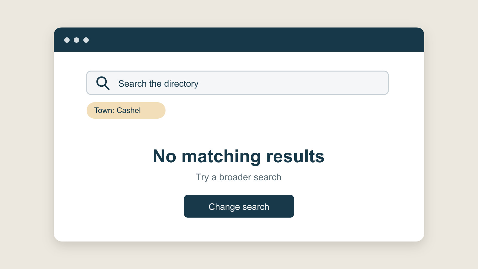 Fictional directory interface with an active Cashel filter, no matching results and a change-search button.
