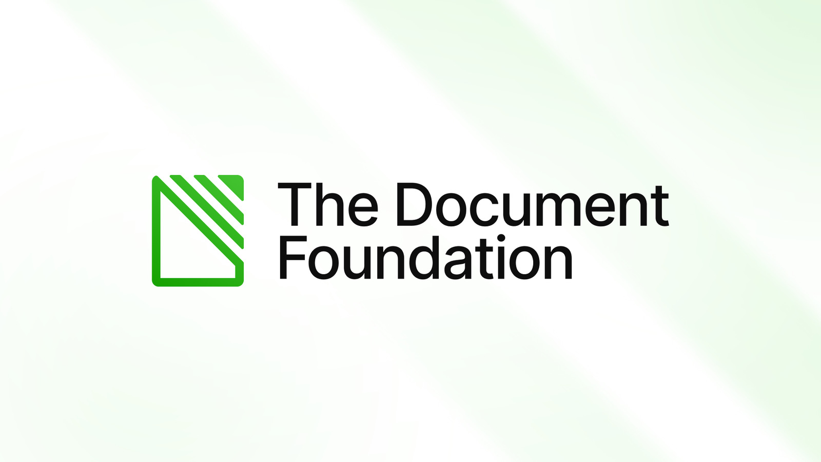 The Document Foundation’s new green page symbol beside its black two-line wordmark on a pale background.