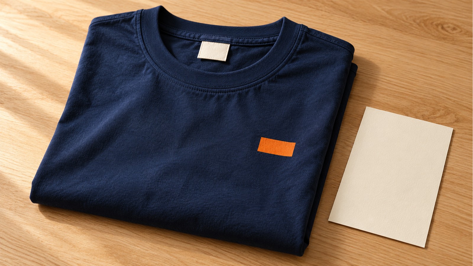 Folded navy shirt with a small orange chest rectangle, a blank sewn neck label and a separate blank cream care-information card.