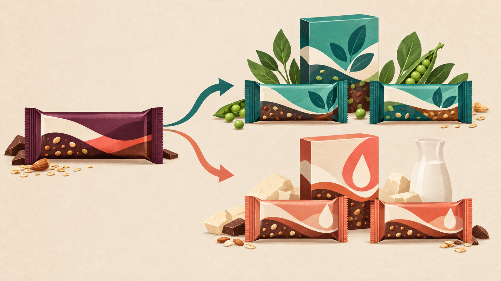 An unbranded protein-bar pack branching into coordinated plant-based and whey-and-collagen packaging families.
