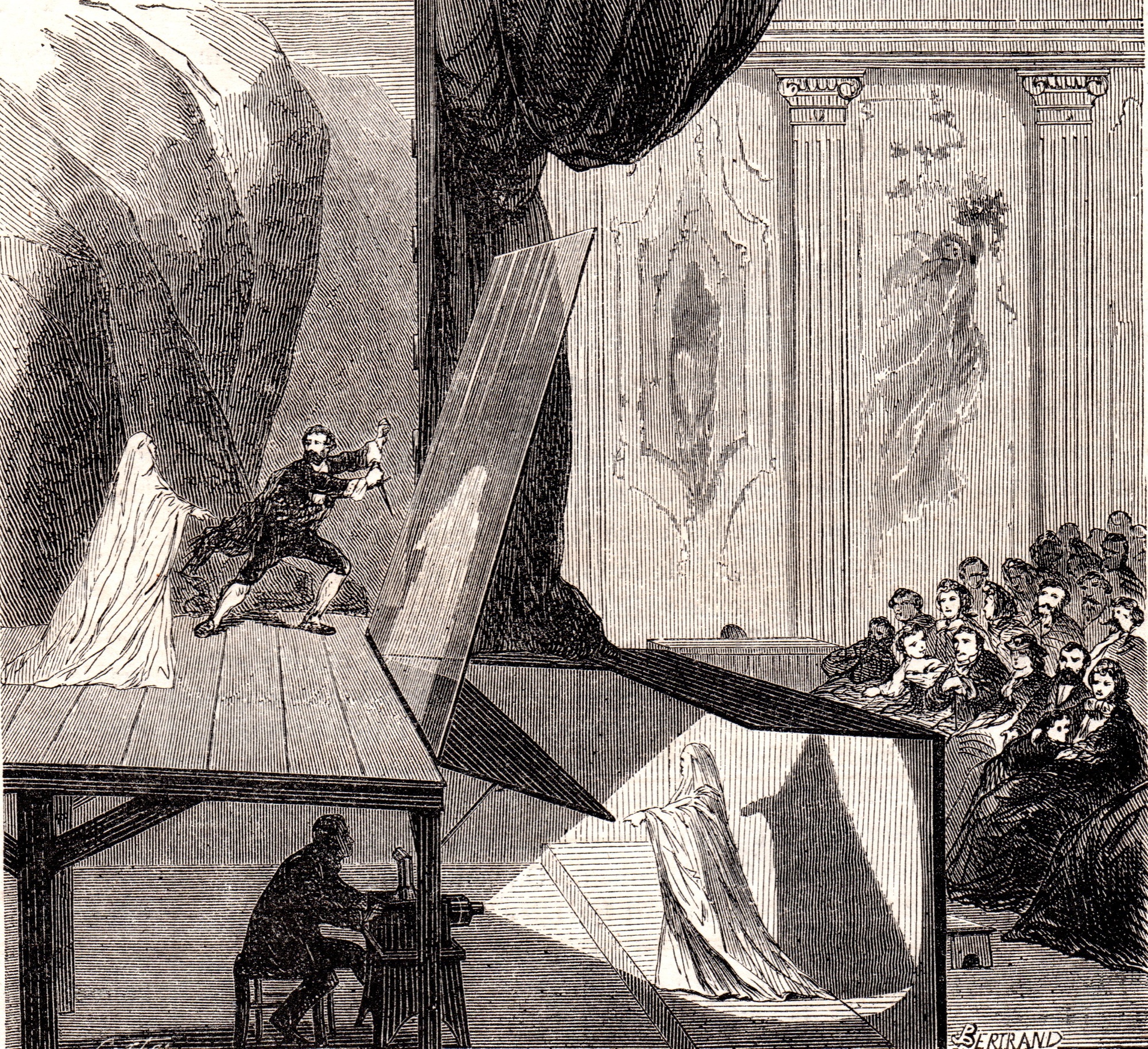 An 1865 cutaway engraving of Pepper’s Ghost, showing an apparition onstage, angled glass, an audience and an illuminated performer below.