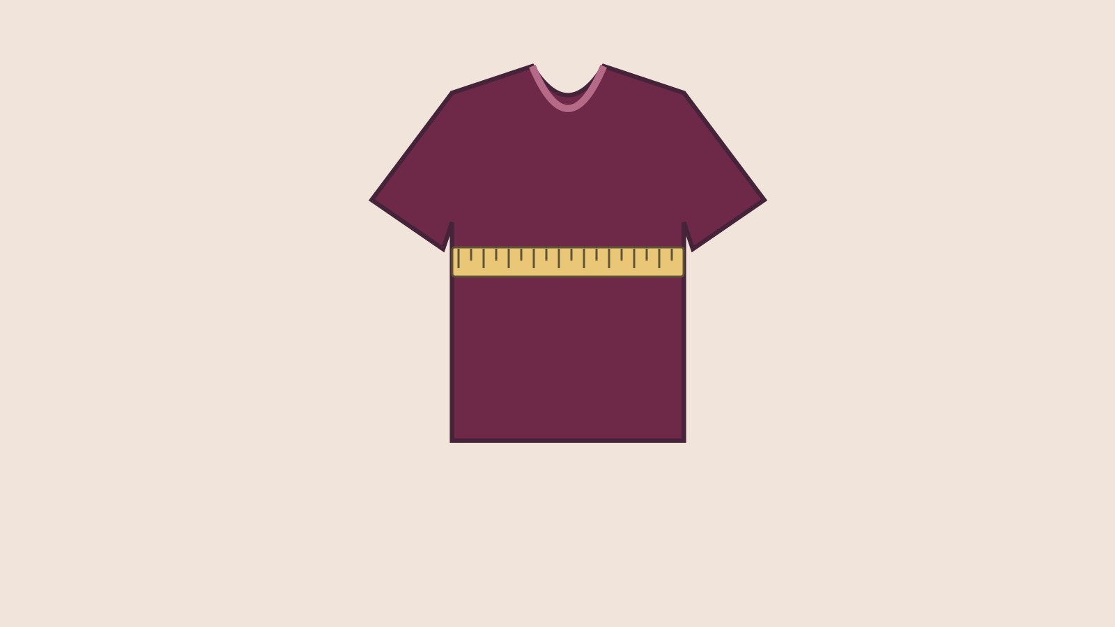 Original illustration of a plain burgundy shirt laid flat with a measuring tape across its chest.