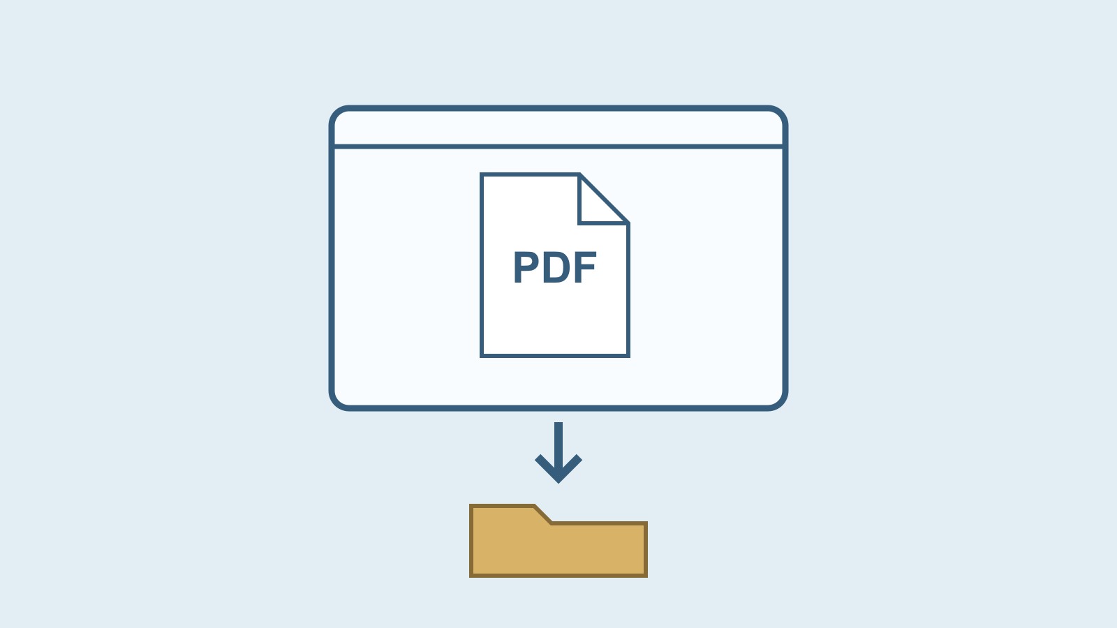 Illustration of a PDF page inside a browser window with a downward arrow to a saved-file folder.
