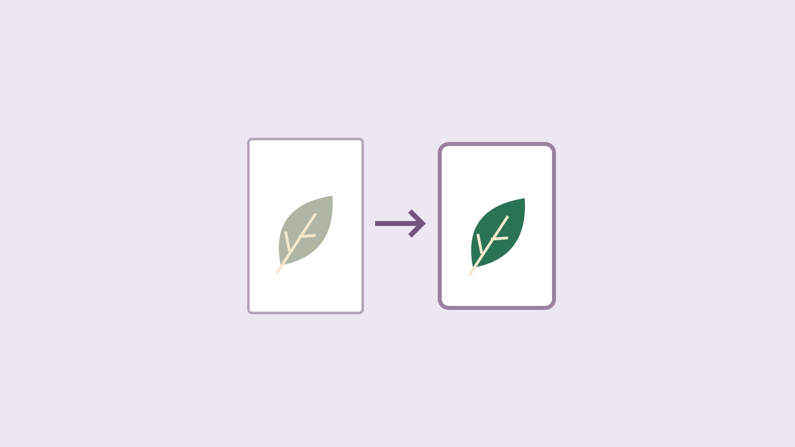 Illustration of a muted leaf on a paper sheet, an arrow and a stronger-coloured leaf on a plain receiving panel.