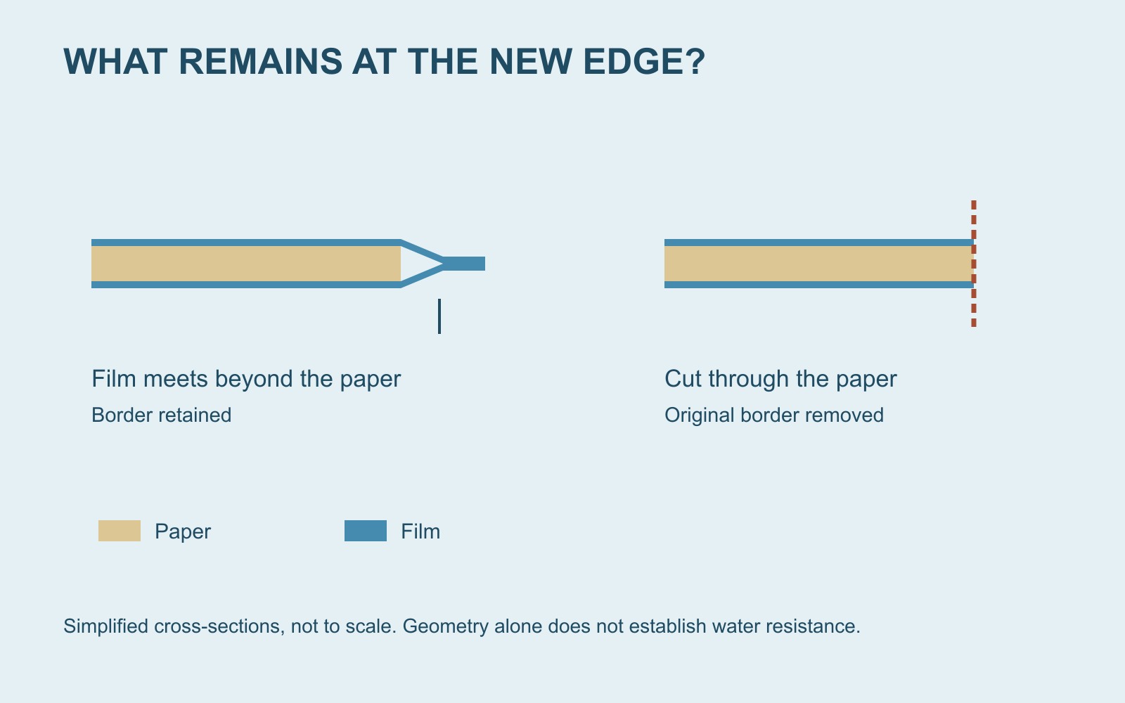 Two simplified cross-sections: films meeting beyond the paper, and a flush cut exposing the paper edge between film layers.