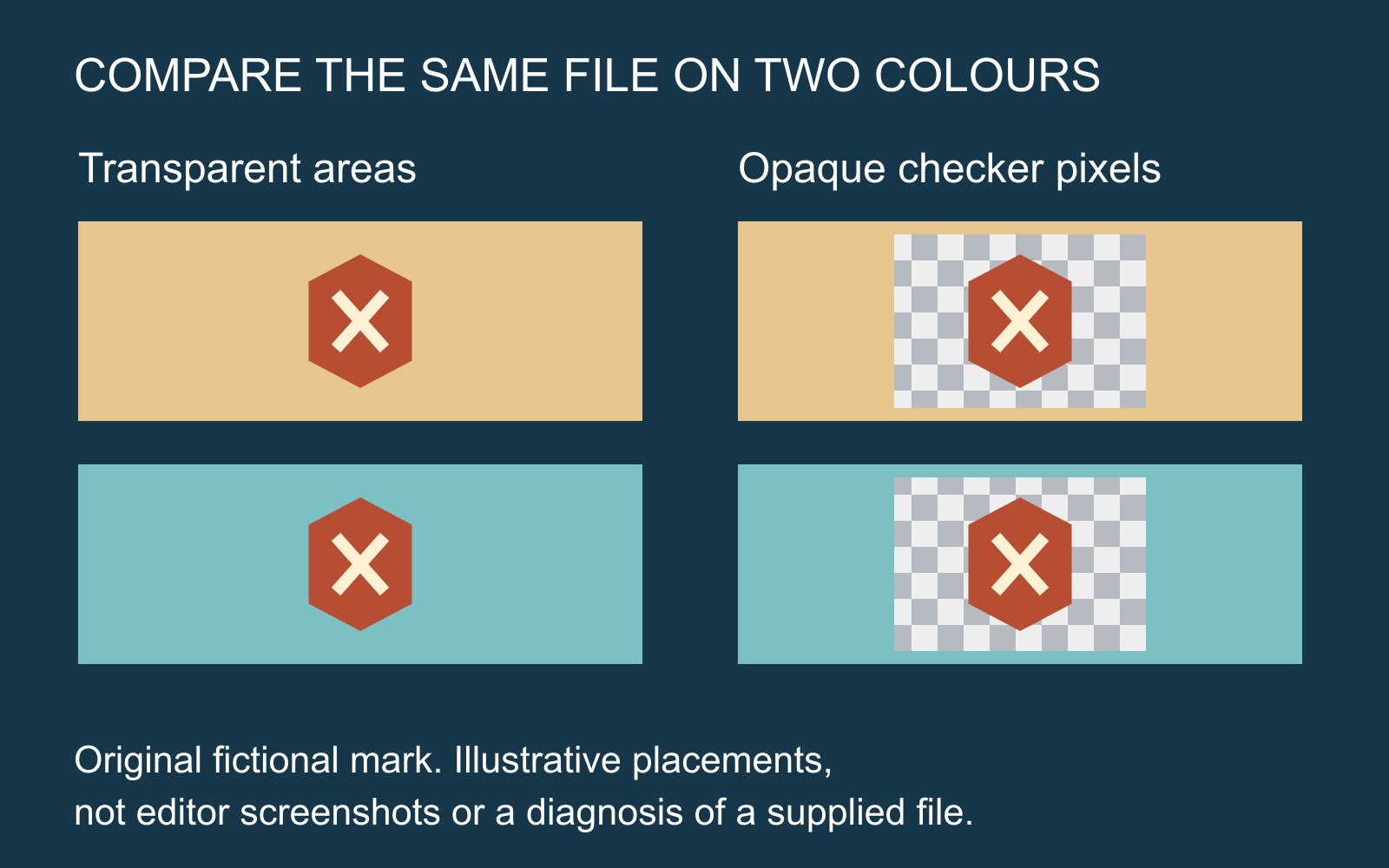 The same fictional mark over tan and teal backgrounds: clear surrounds reveal each colour, while opaque checker panels retain their squares.